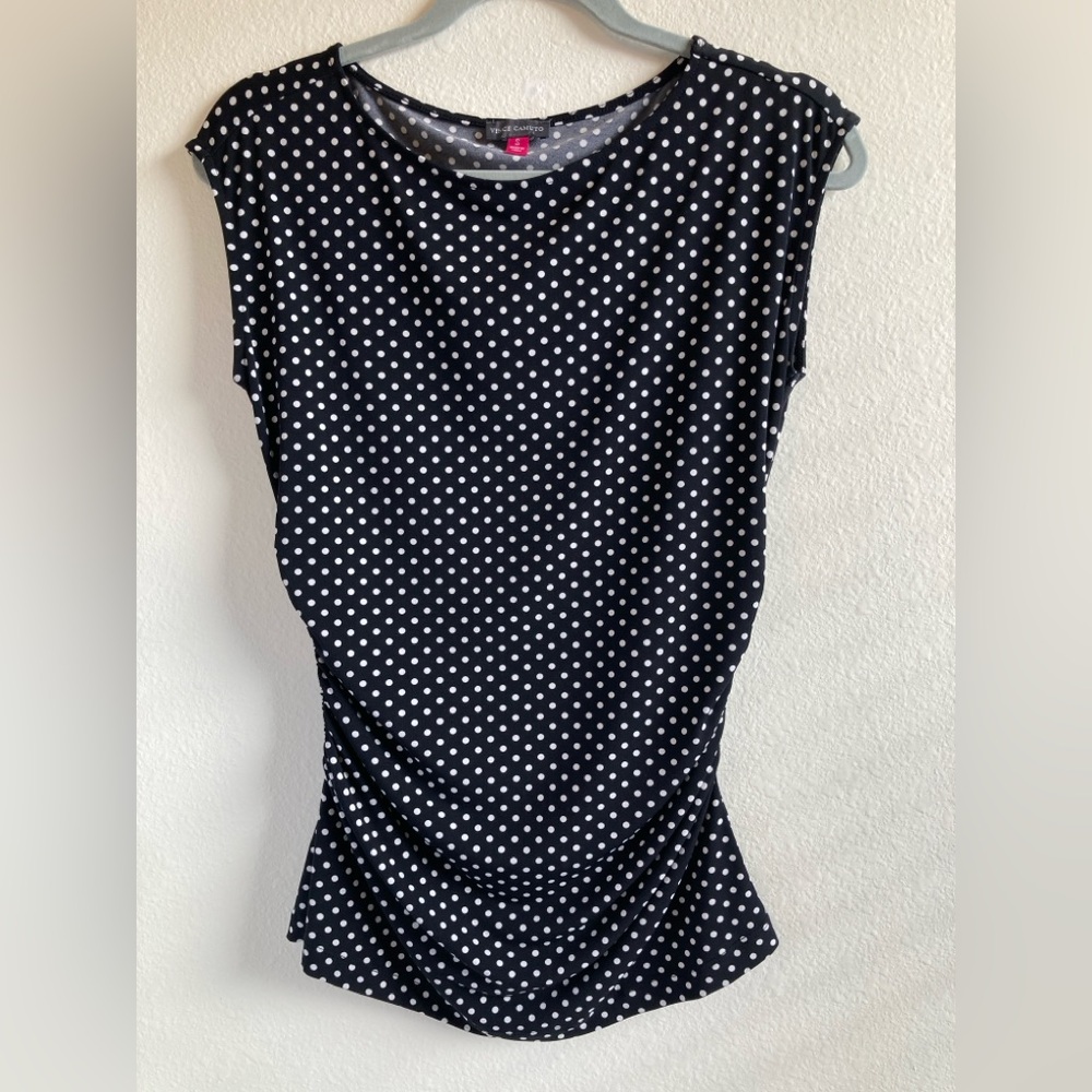 Vince Camuto Black White Polka Dot Ruched Blouse Size S Stretch Top